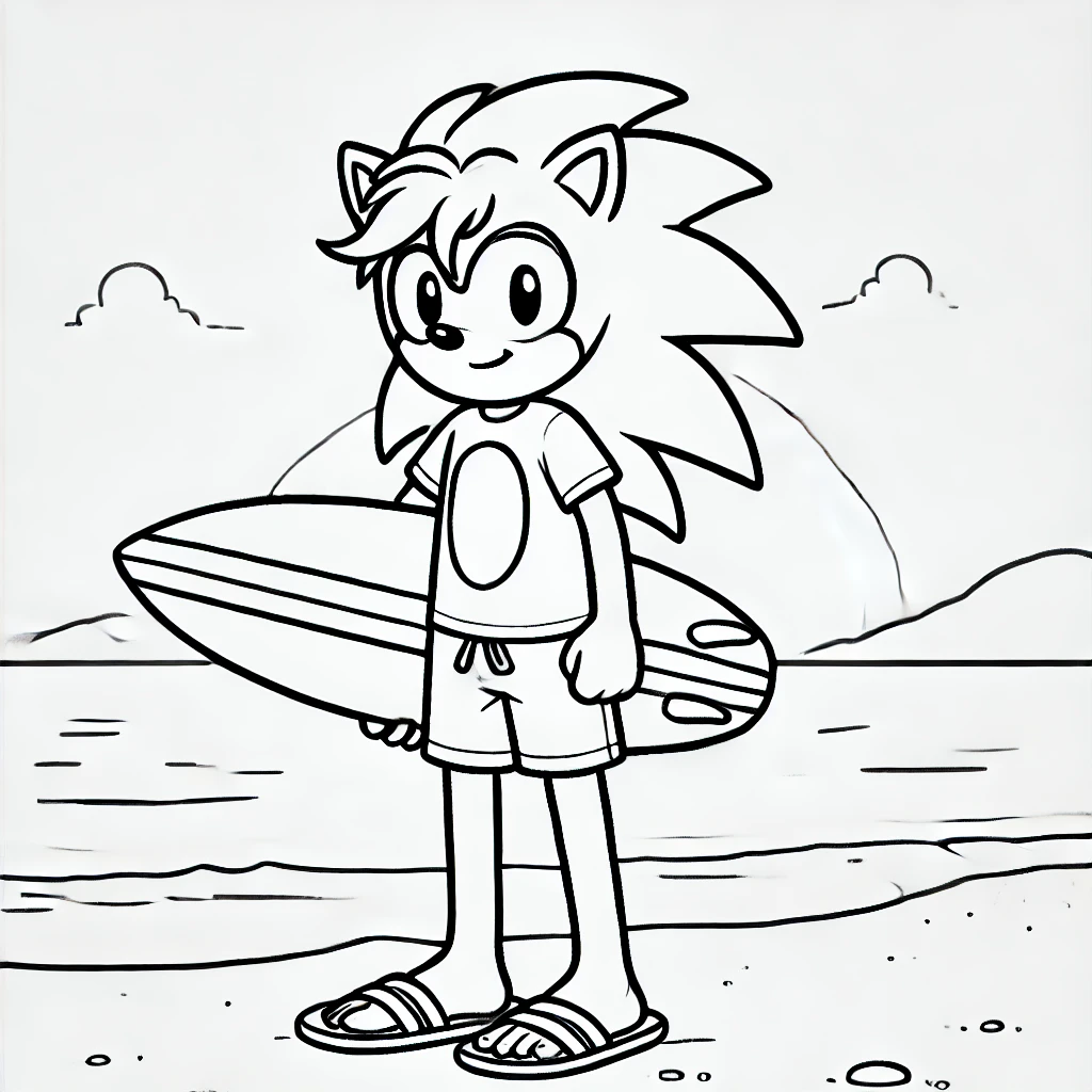 Desenho para Colorir - Sonic na Praia com Prancha