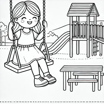 Menina Brincando em um Balanço no Parquinho para Colorir